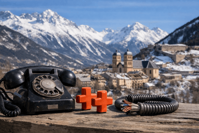 Fin du réseau RTC à Briançon avec téléphone analogique et montagnes enneigées des Hautes-Alpes