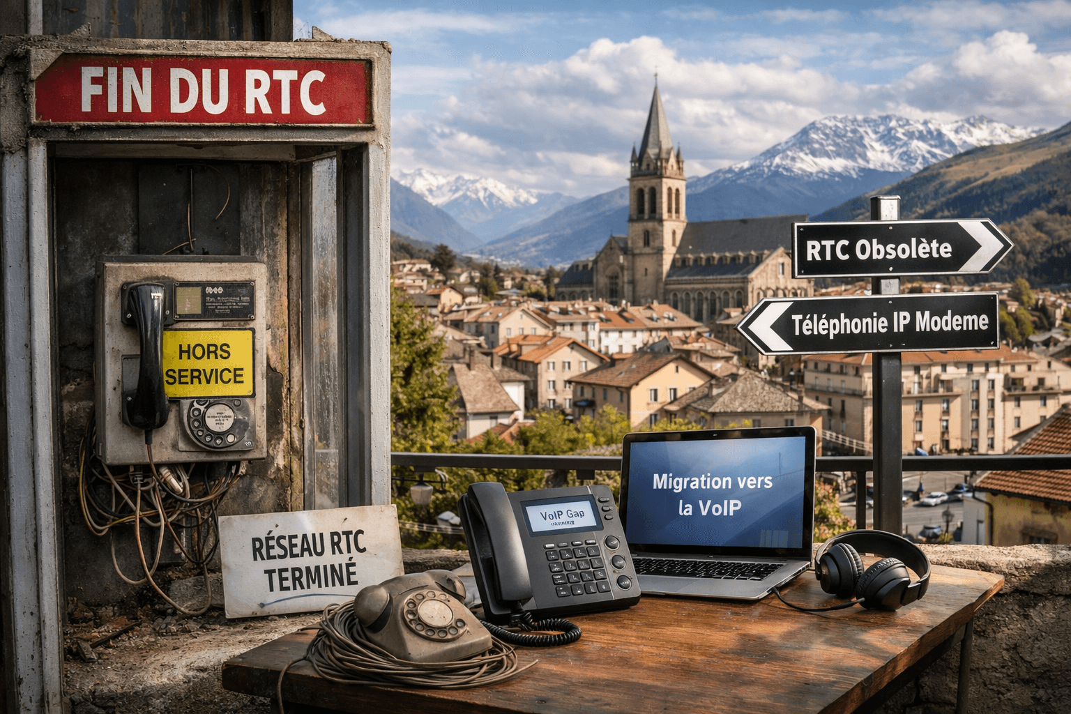Fin du RTC à Gap : transition vers la téléphonie IP pour les entreprises des Hautes-Alpes avec paysage alpin et équipements VoIP.